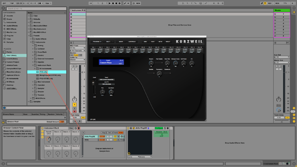 Ableton Live Instrument Rack for Kurzweil Artis PlugSE